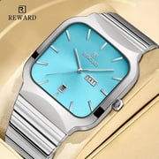 REWARD Men s Square Analog Quartz Watch, Silver Stainless Steel Bracelet Wrist Watch with Sky Blue Dial, Day Date Display Waterproof Business Casual Sport Watch for Men