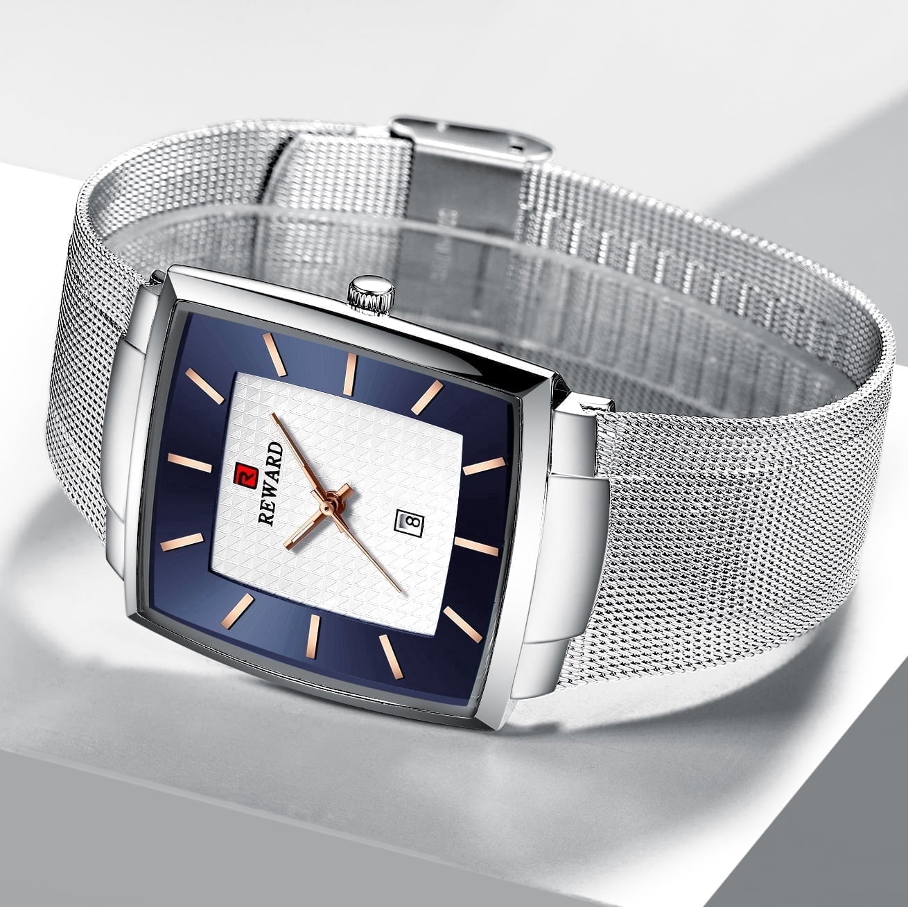 Watches Square Analog Quartz Stainless Steel Watches for Men Mesh Strap Waterproof Business Military Sport Wrist Watch with Date