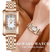 REWARD Women s Quartz Watch, Luxury Rhinestone Encrusted Small Square Tank Watch, Rose Gold Stainless Steel Bracelet Wrist Watch with Roman Numerals Calendar, Elegant Dress Watch for Ladies