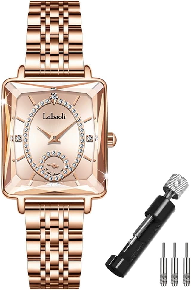 Watches for Women Rose Gold Square Stainless Luxury Fashion Diamond Analog Quartz Waterproof Dress Casual Small Simple Ladies Female Wife Gifts Gold Wrist Watch
