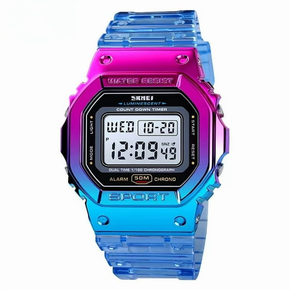 Watches Women Sport Digital Multi-Function Watch for Men Transparent Colorful Strap LED Waterproof Wristwatch with PU Band