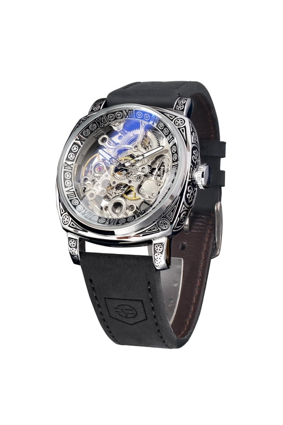 Watches for Man, Square Retro Mechanical Watch Self-Wind Carved, Skeleton Automatic Watches Vintage Leather Strap Wristwatch
