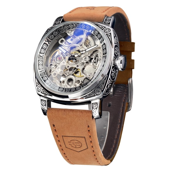 Watches for Man, Square Retro Mechanical Watch Self-Wind Carved, Skeleton Automatic Watches Vintage Leather Strap Wristwatch