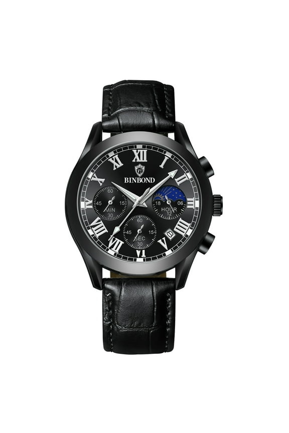 Watches for Men Black Leather Sliver Case Analog Quartz Fashion Business Dress Watch Day Date Luminous Waterproof Casual Male Wrist Watches