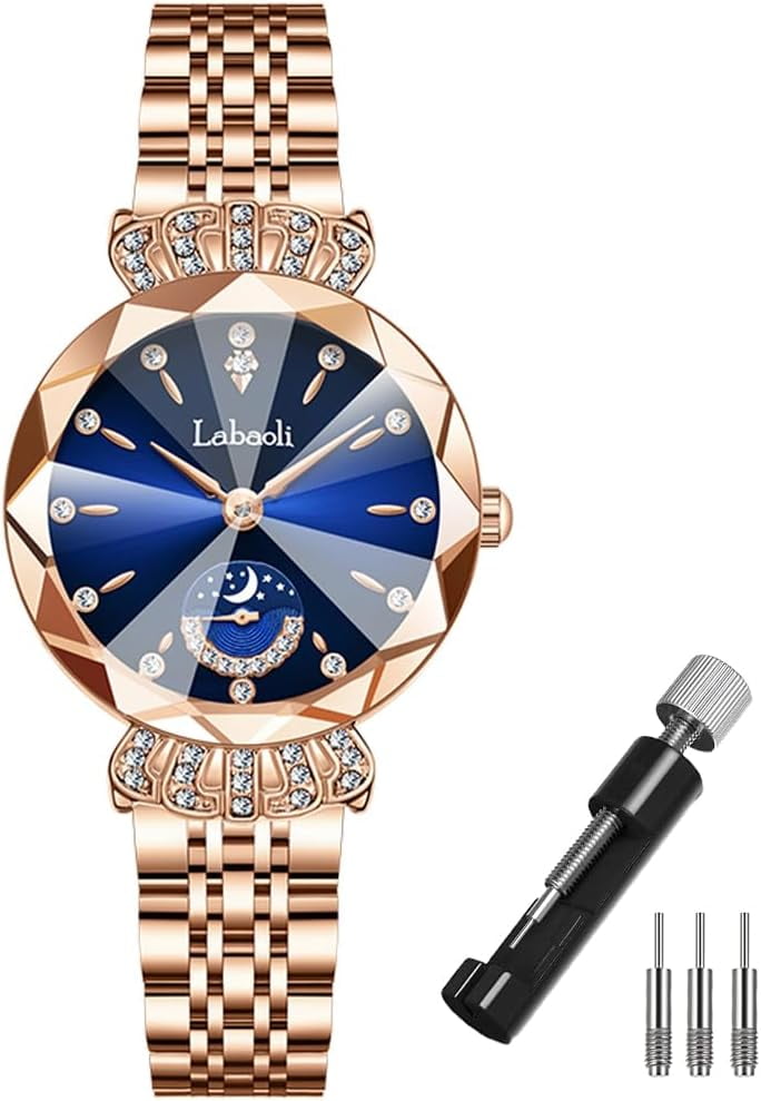 Watches for Women Rose Gold Stainless Ladies Female Fashion Luxury Diamond Dress Business Waterproof Quartz Wife Gifts Crystal Blue Wrist Watch