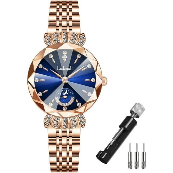 Watches for Women Rose Gold Stainless Ladies Female Fashion Luxury Diamond Dress Business Waterproof Quartz Wife Gifts Crystal Blue Wrist Watch