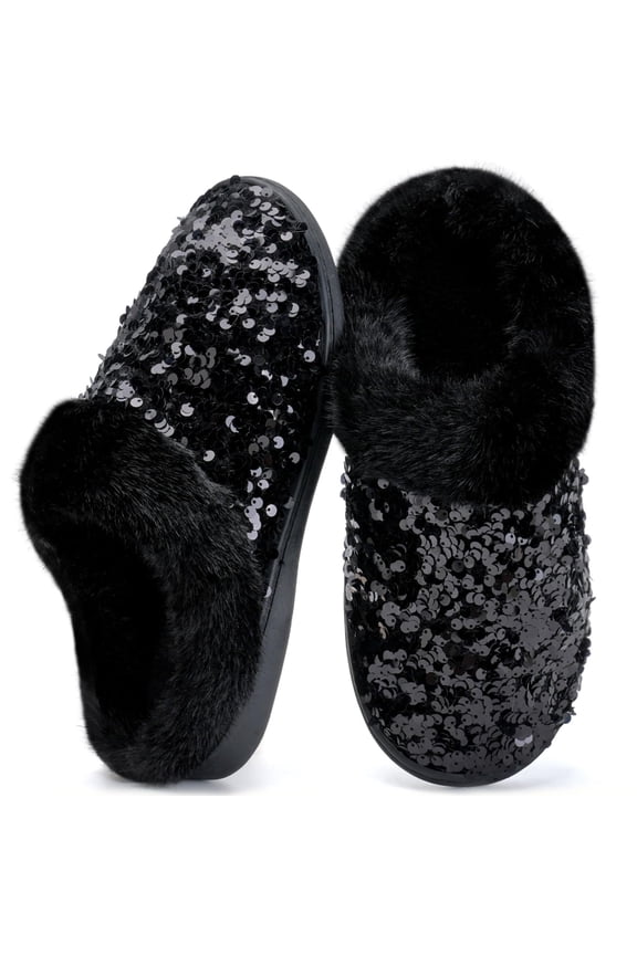Women's Glitter Plush Slippers - Comfort Memory Foam, Fuzzy Lined House Shoes, Indoor Outdoor Wear, Multiple Styles