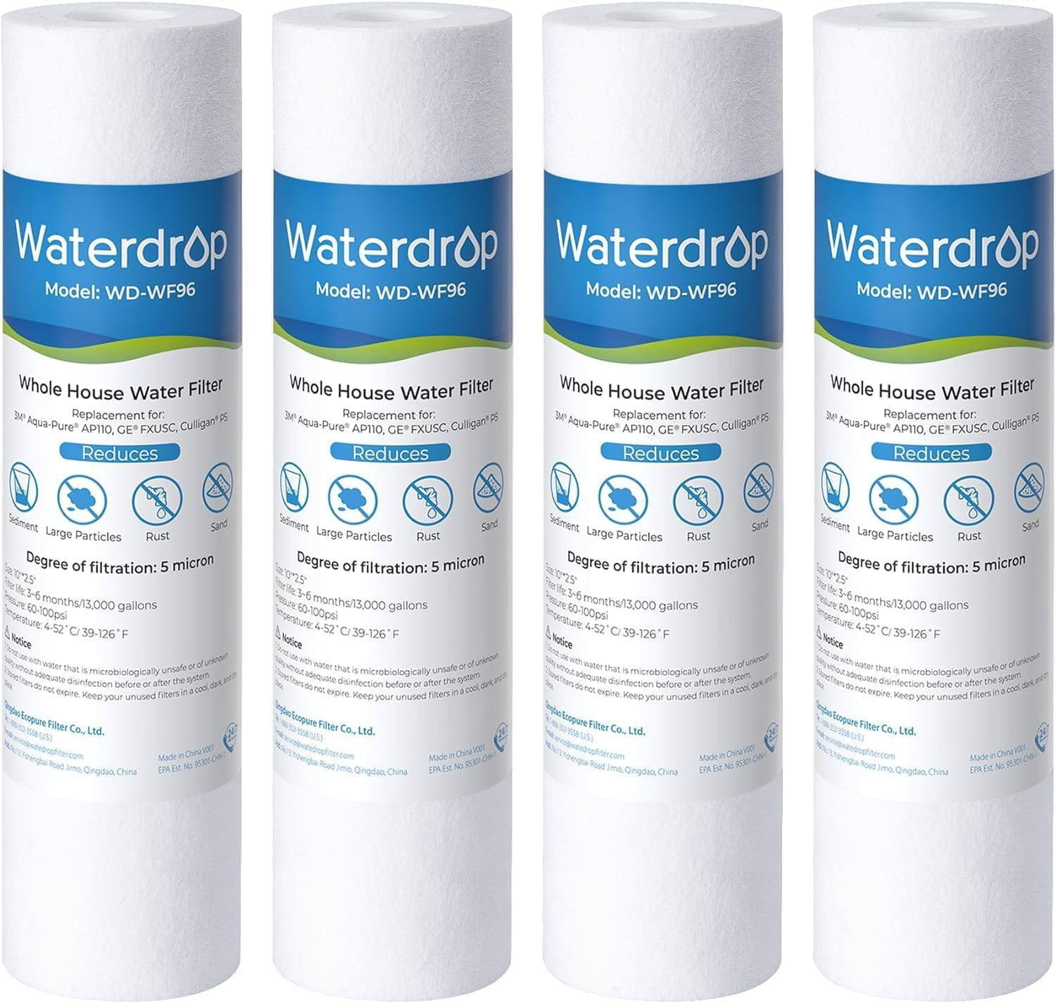 Watedrop 5 Micron Water Filter 10" x 2.5" Whole House Water Filter Replacement Cartridge, Sediment Water Filter Replacement for Any 10 inch RO Unit, Aqua-Pure AP110, Culligan P5, WHKF-GD05, 4 Pack