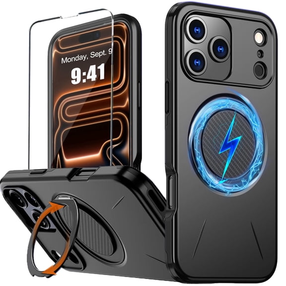 Watefull Case for iPhone 17 Pro Compatible with MagSafe with 360°Rotating Magnetic Stand Ring [Military Protection] Glossy Dual Layer Slim Case with 1 Screen Protector for iPhone 17 Pro 6.3"(Black)