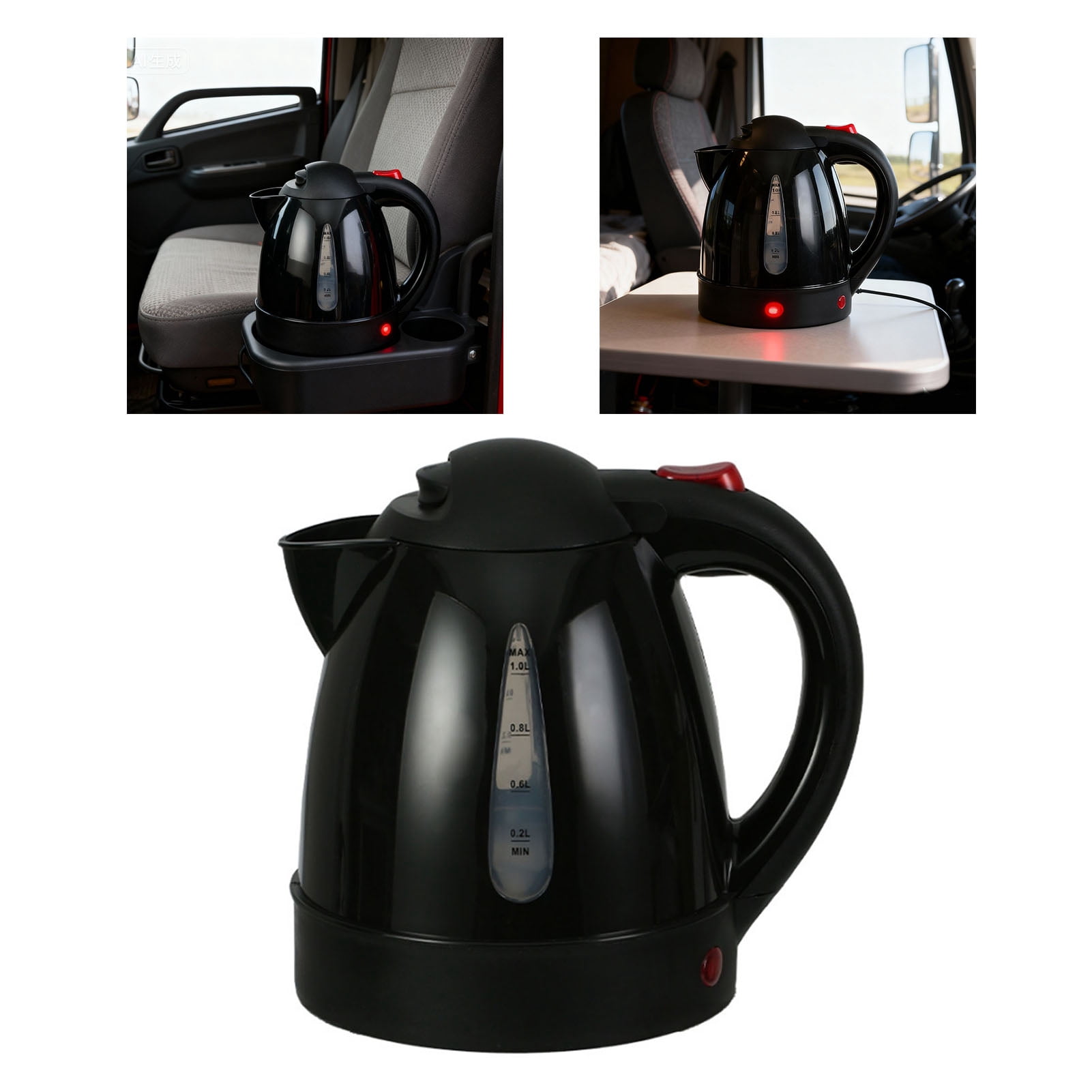 Water 250W Portable Car Electric Kettle 1000ml Heated Water Tea Coffee Kettle Auto Shut Off for Road Trip Truck Black