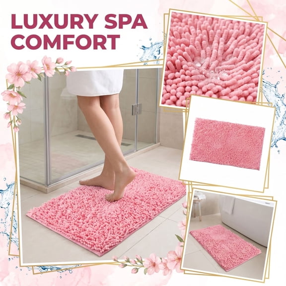 Water Absorbent Chenille Bathroom Rug Non-Slip Bath Mat for Shower Toilet Floor Decor Pink