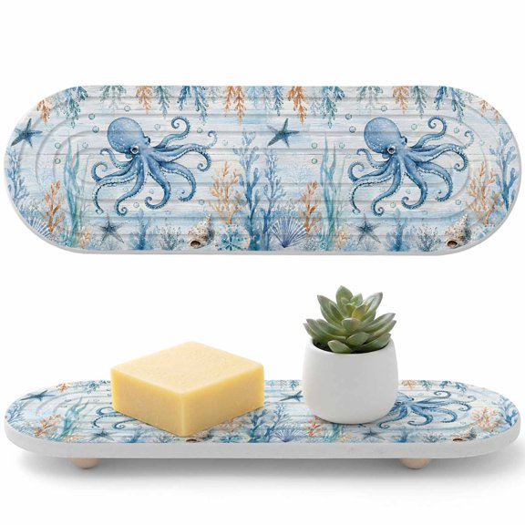 Water Absorbent Diatomite Coasters, 1PC-12"x 4" Blue Octopus Quick Dry Stone Dish Drying Mat for Kitchen Counter, Nautical Coastal Shell Bubble Wood Rustic Stone Sink Tray for Bathroom