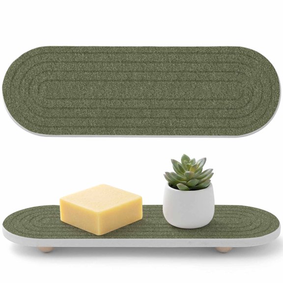 Water Absorbent Diatomite Coasters, 1PC-12"x 4" Green Felt Texture Quick Dry Stone Dish Drying Mat for Kitchen Counter, Minimalist Fine Specks Surface Olive Green Stone Sink Tray for Bathroom