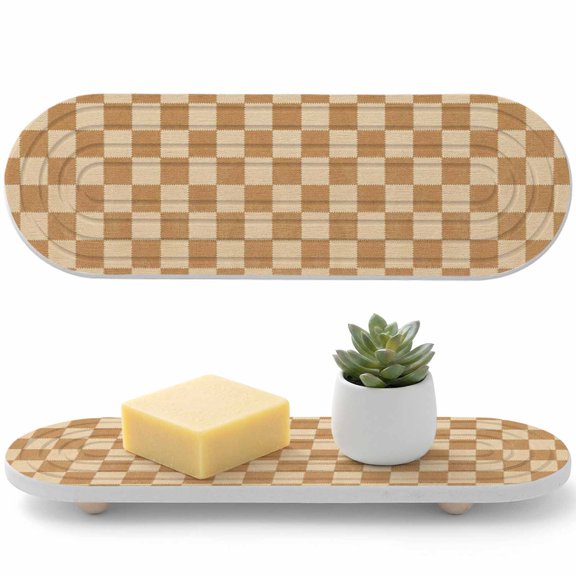 Water Absorbent Diatomite Coasters, 1PC-12"x 4" Square Checks Quick Dry Stone Dish Drying Mat for Kitchen Counter, Vintage Minimalist Tan Beige Blocks Gingham Stone Sink Tray for Bathroom