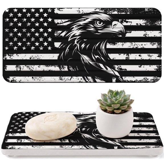 Water Absorbent Diatomite Coasters, 2PCS-8.3"x 4" Eagle Head Quick Dry Stone Dish Drying Mat for Kitchen Counter, Black American Flag Vintage Stripes Stone Sink Tray for Bathroom