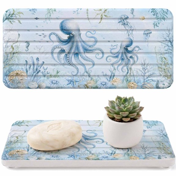 Water Absorbent Diatomite Coasters, 2PCS-8.3"x 4" Ocean Blue Octopus Quick Dry Stone Dish Drying Mat for Kitchen Counter, Summer Beach Nautical Starfish Seaweed Jellyfish Stone Sink Tray for Bathroom