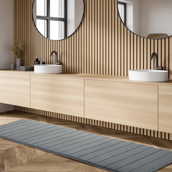 Water Absorbent Striped Long Memory Foam Bathroom Rug - 16X48 Inches, Non-Slip Rubber Backing, Quick-Dry Surface, Easy To Clean - For Bathroom, Showers, Home Floors, Entry Areas