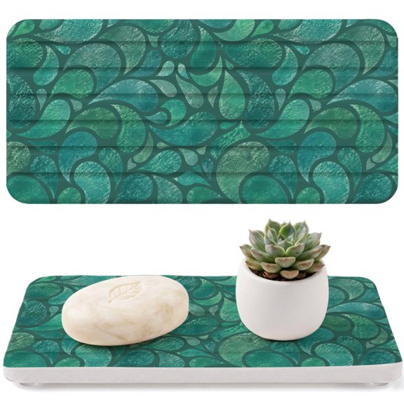 Water Absorbing Stone Drying Tray for Bathroom Sink 2 Pack Green Swirling Paisley Droplets Diatomite Quick Dry Stone Mat with Wood Feet Watery Spots Drying Mat for Kitchen Counter Soaps 8.3"x4"