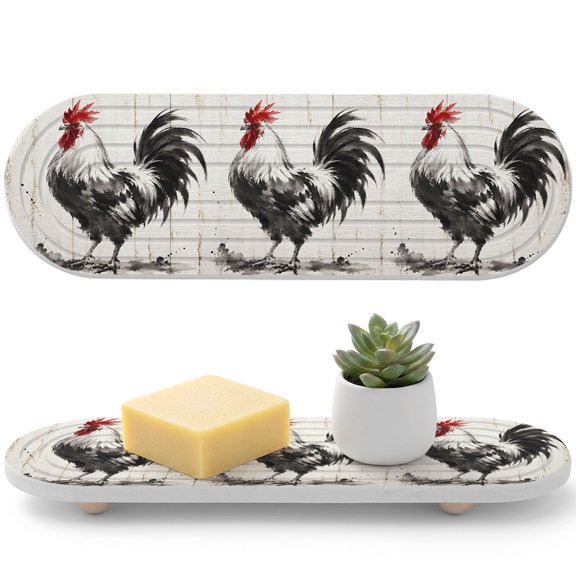 Water Absorbing Stone Drying Tray for Bathroom Sink Farmhouse Rooster Diatomite Coasters Quick Dry Stone Mat with Wood Feet Animal Wood Grain Drying Mat for Kitchen Counter Soaps Organizer 12"x4"