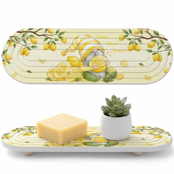 Water Absorbing Stone Drying Tray for Bathroom Sink Lemon Gnome Diatomite Coasters Quick Dry Stone Mat with Wood Feet Yellow Summer Fruit Branches Drying Mat for Kitchen Counter Soaps 12"x4"