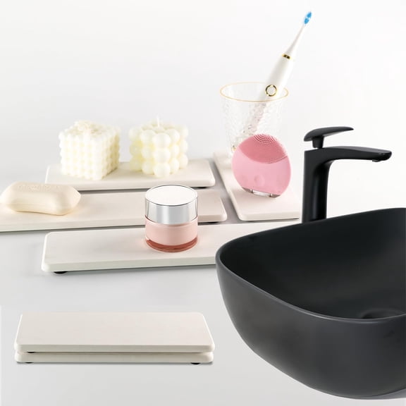 Water Absorbing Stone Trays, Kitchen/Bathroom Sink Soap Dish, Diatomite Tray for Hand Soap & Cosmetic Bottles, White