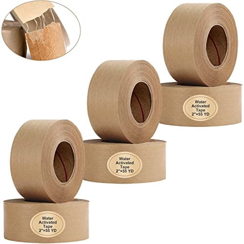 Water Activated Tape Fiber Reinforced Packing Tape Kraft Tape 2”X 165 feet Per Roll Brown Tape Gummed Paper Tape for Heavy Duty Packaging and Shipping Writable Eco-Friendly Biodegradable-6Rolls