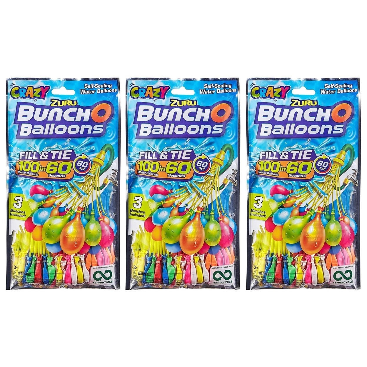 Water Balloon Rapid Fill & Tie 3pk 300ct Crazy Color Pool Party Battle