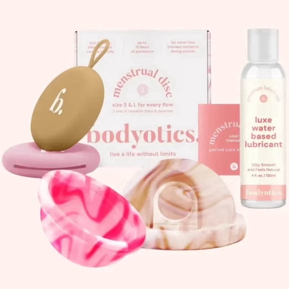 Reusable Menstrual Disc & Personal Lube Bundle - 2 Silicone Period Discs (Small & Large, Beige/Pink), Wear Up to 12 Hours, Silicone-Friendly Water-Based Lube for Women & Couples