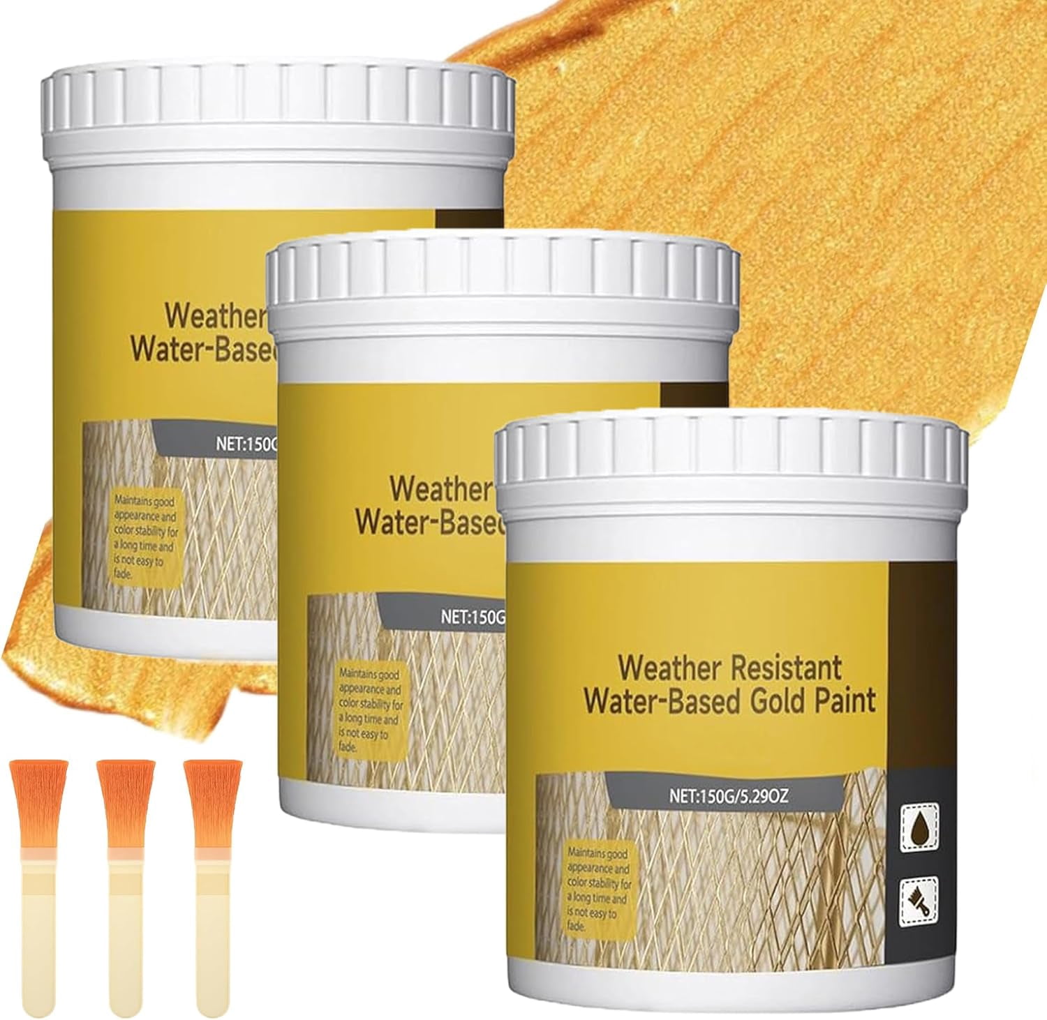 Water-Based Weather-Resistant Gold Paint, Metallic Gold Leaf Acrylic Paint for Wood, Metal, Canvas & Crafts, Waterproof Outdoor Paint for Furniture, Art, Gilding & DIY Projects (3pc)
