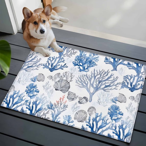Water Blue Coral Front Door Rugs 2x3 ft Summer Marine Life Starfish Shell Small Rug for Entryway Non Slip Washable Bathroom Door Mat Absorbent Floor Mat for Indoor Entrance