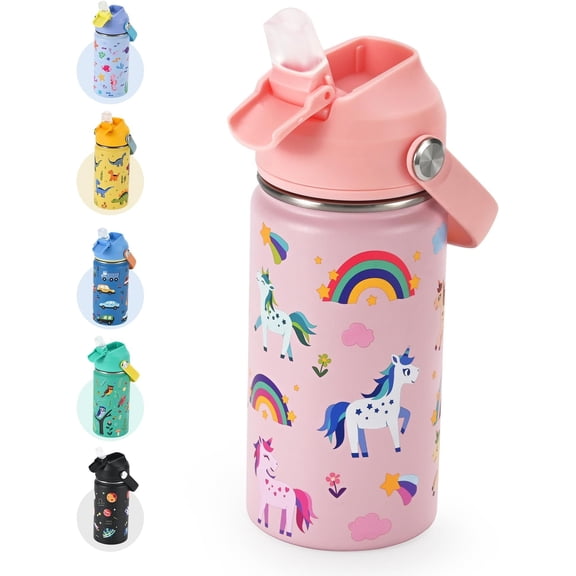 Water Bottle 14oz with Straw Lid - Insulated Water Bottle Stainless Steel Keeps Cold 24H, Leak Proof & Unicorn Rainbow Prints Girls Design | Custom Name Tag for School,