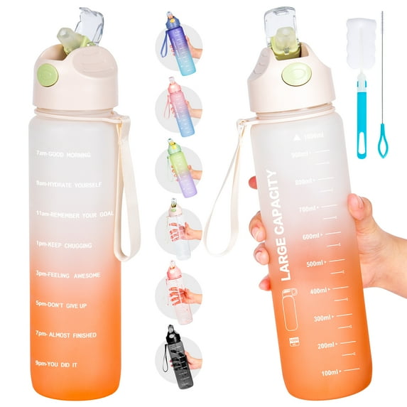 Water Bottle 1L, Sports Water Bottle with Straw & Time Maker, Drinks Bottle with Bottle Brush and Filter, Leak-proof, BPA-free Plastic Drink Bottle for Running Gym Cycling Office and School (Orange)