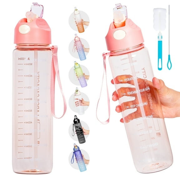 Water Bottle 1L, Sports Water Bottle with Straw & Time Maker, Drinks Bottle with Bottle Brush and Filter, Leak-proof, BPA-free Plastic Drink Bottle for Running Gym Cycling Office School (Light Pink)