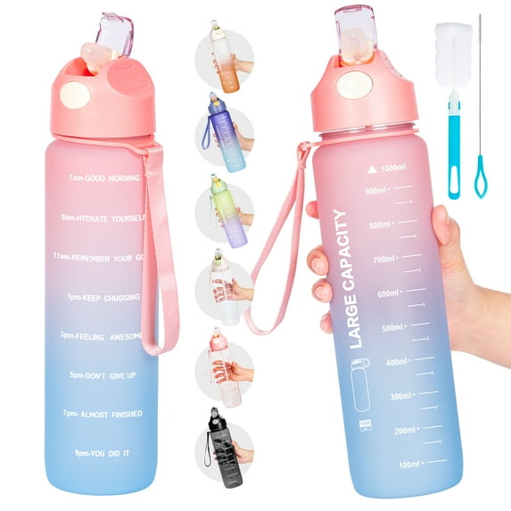 Water Bottle 1L, Sports Water Bottle with Straw & Time Maker, Drinks Bottle with Bottle Brush and Filter, Leak-proof, BPA-free Plastic Drink Bottle for Running Gym Cycling Office and School (Pink)