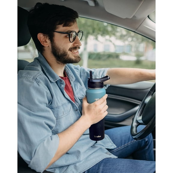 Water Bottle 32oz/64oz with Paracord Handle, Half Gallon Food-grade Double Wall Vacuum Stainless Steel Insulated Jug with Straw Spout Lids, Leakproof Keep Cold & Hot, Ombre: Indigo/Black