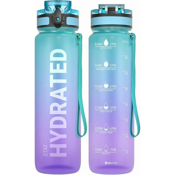 Water Bottle 32oz, Durable and Leakproof Water Bottles Motivational with Time Marker, Tritan, BPA Free, Wide Mouth with Easy Clean Brush for Gym, Travel, Home, School, Office (1 Bottle)