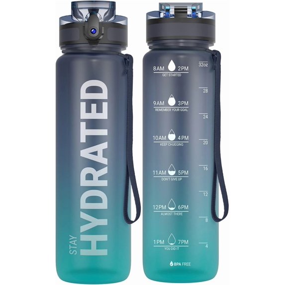 Water Bottle 32oz, Durable and Leakproof Water Bottles Motivational with Time Marker, Tritan, BPA Free, Wide Mouth with Easy Clean Brush for Gym, Travel, Home, School, Office (1 Bottle)