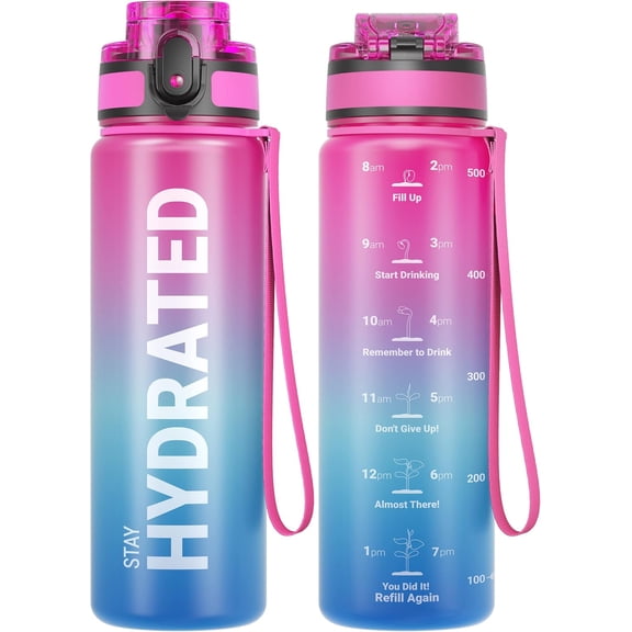 Water Bottle 32oz, Durable and Leakproof Water Bottles Motivational with Time Marker, Tritan, BPA Free, Wide Mouth with Easy Clean Brush for Gym, Travel, Home, School, Office (1 Bottle)