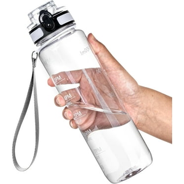 Water Bottle, 32oz Motivational Sports Water Bottle with Time Marker - Times to Drink - Tritan, BPA Free, Wide Mouth Leakproof, Clear (1 Bottle)