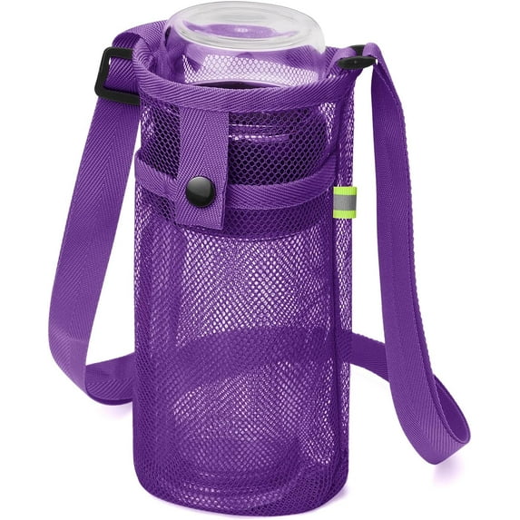Water Bottle Bag with Strap, Mesh Water Bottle Holder Crossbody Water Bottle Sling Bag Adjustable Shoulder Strap and Pocket - Lightweight Water Bottle Carrier for Walking Sports Hiking Camping Purple