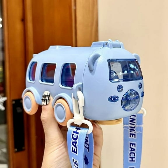 Water Bottle Bus Water Cup With Straw And Strap Break Resistant Detachable Boy And Girl Cute Bus Water Bottle For School Sports Travel (B-Blue)