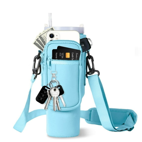 Water Bottle Carrier Bag with Phone Pocket Compatible with Stanley 40oz Tumbler, Water Bottle Holder Pouch with Adjustable Shoulder Strap for Stanley Cup Accessories (Blue)