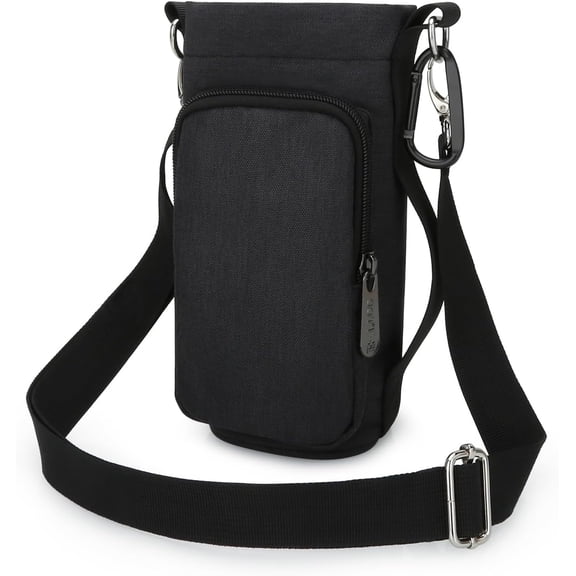 Water Bottle Carrier Bag Small Crossbody Purse Bottle Sling Holder Case with  Strap and Phone Pocket Pouch Black