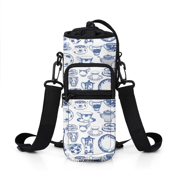 Water Bottle Carrier Holder Sling Bag Sleeve 25/32/40/64 Oz Blue and White Porcelain Insulated Sling Sleeve Case Cover with Strap Pockets for Men/Women Boys Girls