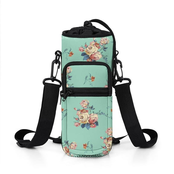 Water Bottle Carrier Holder Sling Bag Sleeve 25/32/40/64 Oz Green Floral Insulated Sling Sleeve Case Cover with Strap Pockets for Men/Women Boys Girls