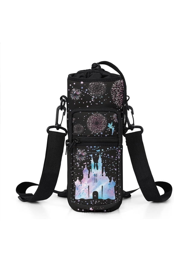 Water Bottle Carrier Holder Sling Bag Sleeve 32 oz Crossbody Water Bottle Case Cover with Strap Pockets for Travelling Hiking Camping, 5''''x10'''', Black