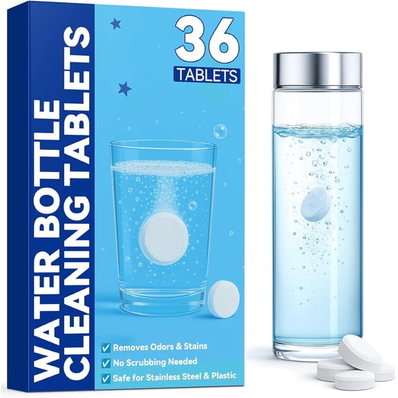 Water Bottle Cleaning Tablets, 36PCS Bottle Cleaner Tablets for Stainless Steel, Thermos, Hydration Bladder, Coffee Mug, Removes Odors and Residue, No Scrubbing Required