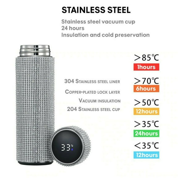 QWUIIOMJPY Smart Display 500ml Silver Stainless Steel Water Bottles