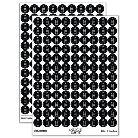 Water Bottle Doodle 200+ Round Stickers - Black - Gloss Finish - 0.50" Size