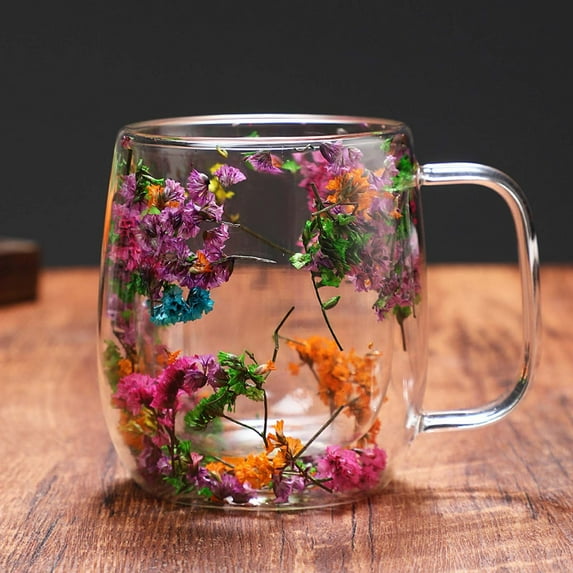 Water Bottle,Glass Flower Tea Cup 390ml Glass Coffee Cup Insulated Flower Coffee Cup Transparent Cup With Dried Flowers. Tumblers